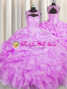 Scoop Lilac Sleeveless Floor Length Beading and Pick Ups Lace Up Quinceanera Dress