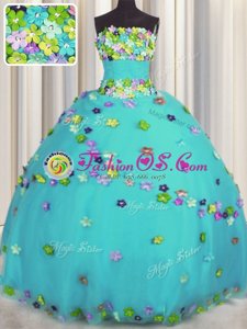 Affordable Aqua Blue Tulle Lace Up Quince Ball Gowns Sleeveless Floor Length Hand Made Flower