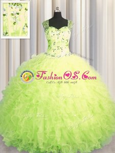 Luxurious See Through Zipper Up Sleeveless Zipper Floor Length Beading and Ruffles 15th Birthday Dress