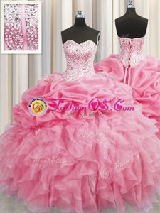 Fashionable Sleeveless Organza Floor Length Lace Up Quinceanera Dresses in Purple for with Beading and Ruffles and Pick Ups