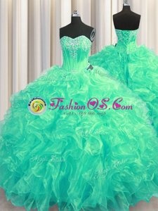 Cute Sleeveless Beading and Ruffles Lace Up 15 Quinceanera Dress with Turquoise Brush Train