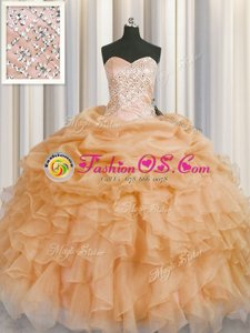Superior Sweetheart Sleeveless Sweet 16 Dress Floor Length Beading and Ruffles and Pick Ups Rose Pink Organza