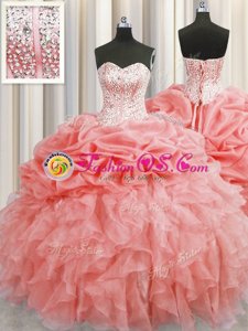 Trendy Visible Boning Watermelon Red Lace Up Sweet 16 Dresses Ruffles and Pick Ups Sleeveless Floor Length