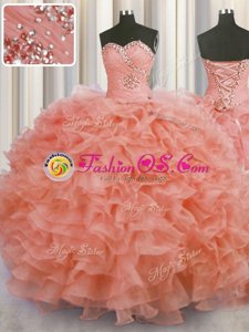 Colorful Ball Gowns 15th Birthday Dress Watermelon Red Sweetheart Organza Sleeveless Floor Length Lace Up