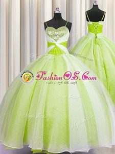 Luxury Spaghetti Straps Sleeveless Floor Length Beading and Ruching Lace Up Sweet 16 Quinceanera Dress with Yellow Green