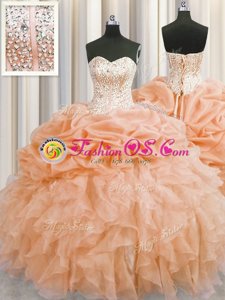 Most Popular Visible Boning Organza Sweetheart Sleeveless Lace Up Beading and Ruffles Sweet 16 Dress in Orange