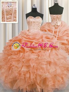 Colorful Visible Boning Sleeveless Floor Length Beading and Ruffles and Pick Ups Lace Up Sweet 16 Dress with Orange