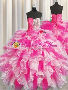 Hot Selling One Shoulder Handcrafted Flower Beading and Ruffles and Hand Made Flower Quinceanera Gowns Multi-color Lace Up Sleeveless Floor Length