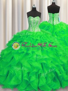 Exceptional Visible Boning Green Lace Up Sweetheart Beading and Ruffles Ball Gown Prom Dress Organza Sleeveless Brush Train