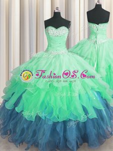 Sleeveless Organza Floor Length Lace Up Quinceanera Gown in Multi-color for with Beading and Ruffles and Ruffled Layers and Sequins