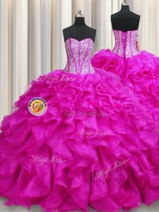Visible Boning Sweetheart Sleeveless Organza 15 Quinceanera Dress Beading and Ruffles Brush Train Lace Up