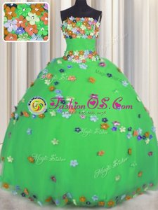 Super Green Sleeveless Hand Made Flower Floor Length Quinceanera Dress