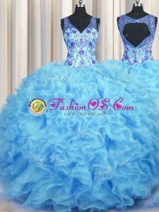 V Neck Organza Sleeveless Floor Length Ball Gown Prom Dress and Beading and Appliques and Ruffles
