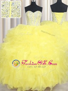 Sweetheart Sleeveless Quinceanera Dresses Floor Length Beading and Ruffles Yellow Organza