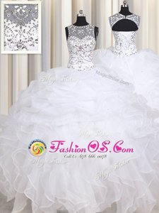 Best Selling White Lace Up Straps Beading and Ruffles Quinceanera Gowns Organza Sleeveless