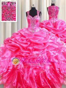 Attractive Straps Hot Pink Ball Gowns Beading and Ruffles and Pick Ups Ball Gown Prom Dress Zipper Organza Sleeveless Floor Length