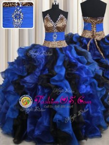 Flirting Blue And Black Organza Lace Up Strapless Sleeveless Floor Length Ball Gown Prom Dress Beading and Ruffles