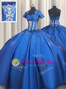 Attractive Blue Ball Gowns Beading and Appliques Vestidos de Quinceanera Lace Up Taffeta Short Sleeves Floor Length