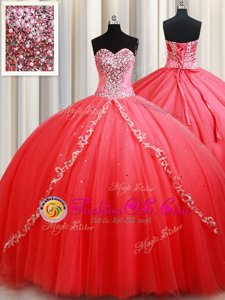 Free and Easy Coral Red Ball Gowns Sweetheart Sleeveless Tulle Floor Length Lace Up Beading and Appliques Quinceanera Gowns