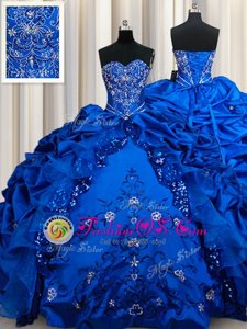 Great Sweetheart Sleeveless Quince Ball Gowns Floor Length Beading and Embroidery and Sequins and Pick Ups Royal Blue Taffeta