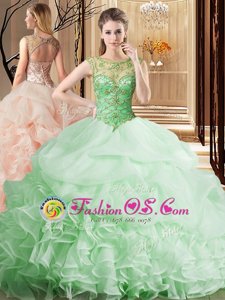 Apple Green Organza Lace Up Scoop Sleeveless Sweet 16 Dress Brush Train Beading and Ruffles and Pick Ups