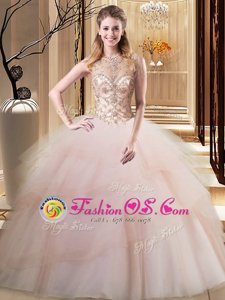 Scoop Lace Up Vestidos de Quinceanera Peach and In for Military Ball and Sweet 16 and Quinceanera with Beading and Ruffled Layers Brush Train