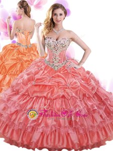 Floor Length Lace Up Quinceanera Dresses Watermelon Red and In for Military Ball and Sweet 16 and Quinceanera with Beading and Ruffled Layers and Pick Ups