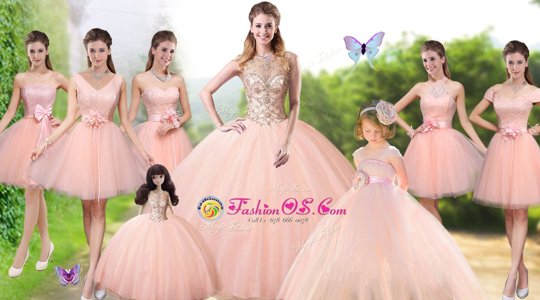 Peach Tulle Lace Up Sweet 16 Quinceanera Dress Sleeveless Floor Length Beading