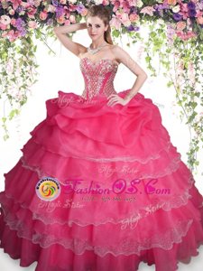 Colorful Coral Red Organza Lace Up Sweet 16 Dress Sleeveless Floor Length Beading and Ruffled Layers and Pick Ups