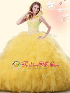 Unique Yellow Backless Sweet 16 Dresses Beading and Ruffles Sleeveless Floor Length