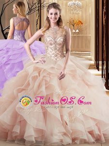 Wonderful Peach Ball Gowns Scoop Sleeveless Tulle Brush Train Lace Up Beading and Ruffles 15th Birthday Dress