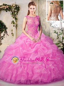 Scoop Rose Pink Organza Lace Up 15 Quinceanera Dress Sleeveless Floor Length Beading and Ruffles and Pick Ups