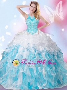 Most Popular Halter Top Floor Length Blue And White Quinceanera Dress Organza Sleeveless Beading and Ruffles and Pick Ups