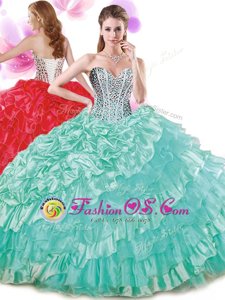 Sweetheart Sleeveless 15 Quinceanera Dress Floor Length Beading and Ruffled Layers and Pick Ups Turquoise Organza and Taffeta
