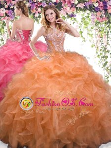 Popular Organza Sweetheart Sleeveless Lace Up Beading and Ruffles 15th Birthday Dress in Orange