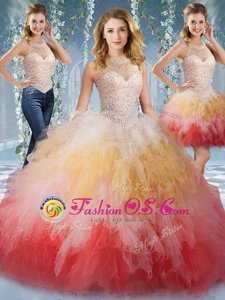 Tulle Halter Top Sleeveless Lace Up Beading and Ruffles 15 Quinceanera Dress in Multi-color