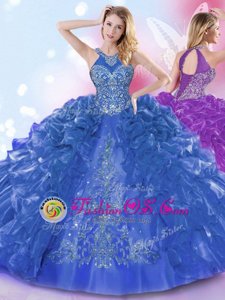 Top Selling Halter Top Royal Blue Sleeveless Appliques and Ruffled Layers Floor Length Quinceanera Gown