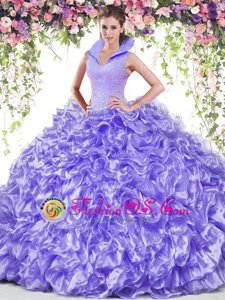 Pretty Ball Gowns Ball Gown Prom Dress Lavender High-neck Organza Sleeveless Floor Length Backless