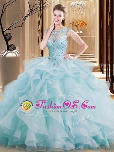 Light Blue Ball Gowns Tulle Scoop Sleeveless Beading and Ruffles Lace Up 15 Quinceanera Dress Brush Train