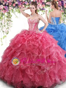 Ball Gowns Sweet 16 Dress Red Sweetheart Organza Sleeveless Floor Length Lace Up