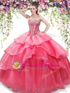 Popular Coral Red Sleeveless Floor Length Beading and Ruffled Layers Lace Up 15 Quinceanera Dress