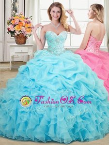 Designer Aqua Blue Lace Up Sweet 16 Quinceanera Dress Beading and Ruffles and Pick Ups Sleeveless Floor Length