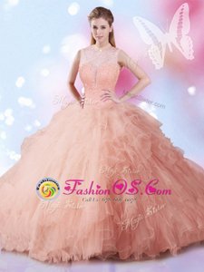 Floor Length Lace Up Quinceanera Dress Peach and In for Military Ball and Sweet 16 and Quinceanera with Beading and Ruffles