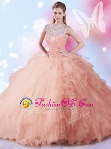 Peach Ball Gowns Tulle High-neck Sleeveless Beading and Ruffles and Sequins Floor Length Zipper 15th Birthday Dress
