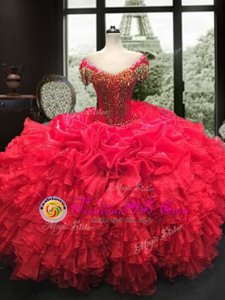 Organza Sweetheart Cap Sleeves Lace Up Beading and Ruffles Quinceanera Dresses in Red