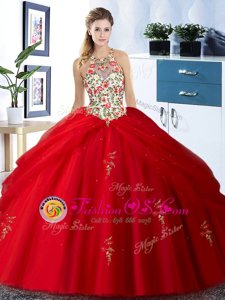 Halter Top Floor Length Lace Up Quince Ball Gowns Red and In for Military Ball and Sweet 16 and Quinceanera with Embroidery and Pick Ups