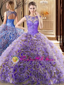 Unique Scoop Multi-color Sleeveless Fabric With Rolling Flowers Brush Train Lace Up Vestidos de Quinceanera for Military Ball and Sweet 16 and Quinceanera