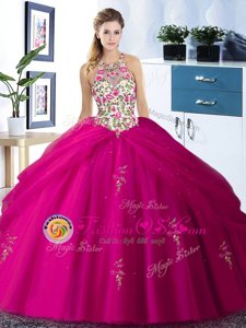 Halter Top Sleeveless Floor Length Embroidery and Pick Ups Lace Up Quince Ball Gowns with Fuchsia