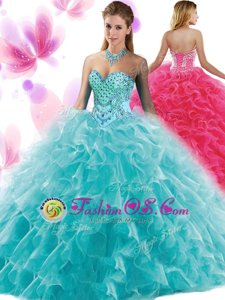 Cute Beading and Ruffles Quinceanera Gown Blue Lace Up Sleeveless Floor Length