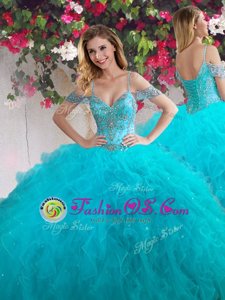 Dramatic Teal Sweet 16 Dress Military Ball and Sweet 16 and Quinceanera and For with Beading and Ruffles Off The Shoulder Sleeveless Lace Up